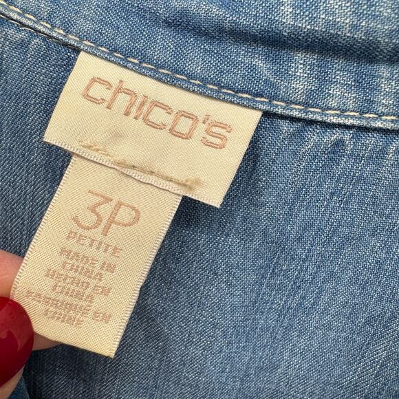 Chico's Chambray Dress Womens Petite XL XLp Blue Coastal Button Up Roll Tab - Picture 2 of 8